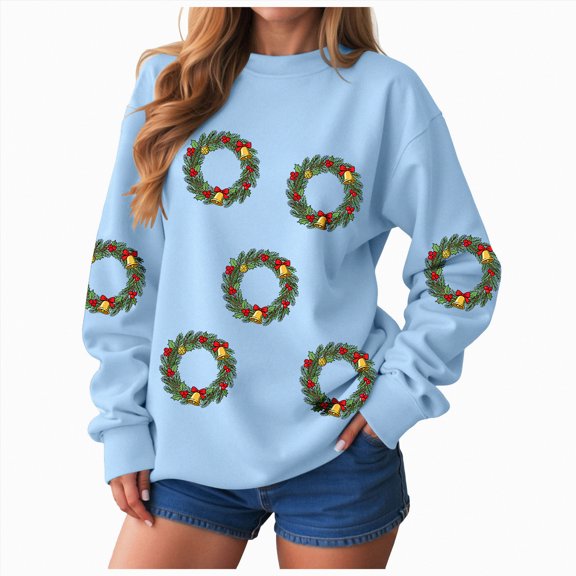 Jkety Christmas Plush Hoodies Womens Christmas Sweatshirts Pullover Tops Crewneck Long Sleeve Sweatshirt Xmas Holiday Blouse Sky Blue,S