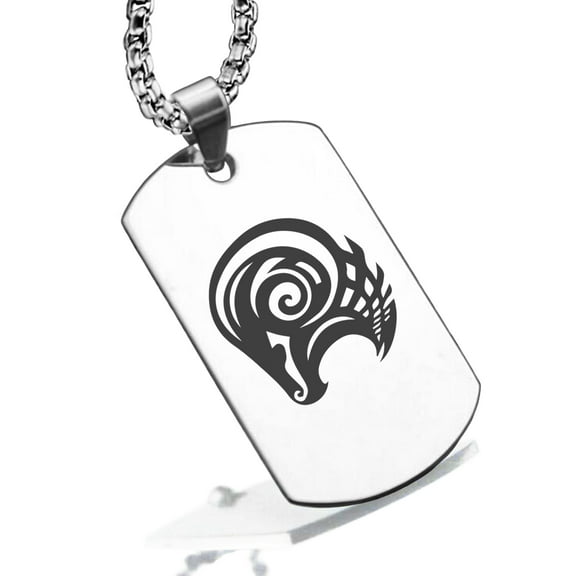 Stainless Steel Tribal Aries Zodiac (Ram) Dog Tag Pendant Necklace