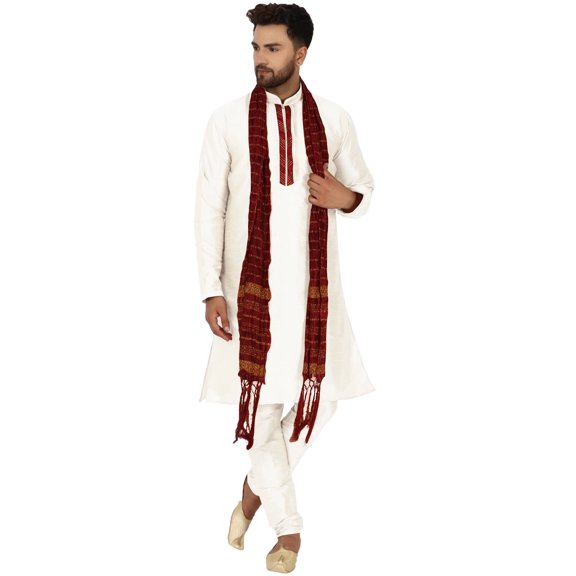 SKAVIJ Men's Kurta Pajama and Scarf 3-Piece Set Wedding Party Dress Off-White XL