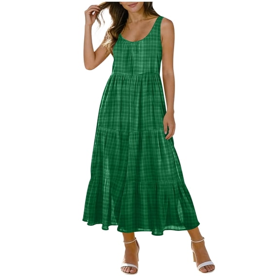 CHGBMOK Women's Plaid Tiered Maxi Dress Sleeveless Scoop Neck Loose Flowy Summer Casual Dress