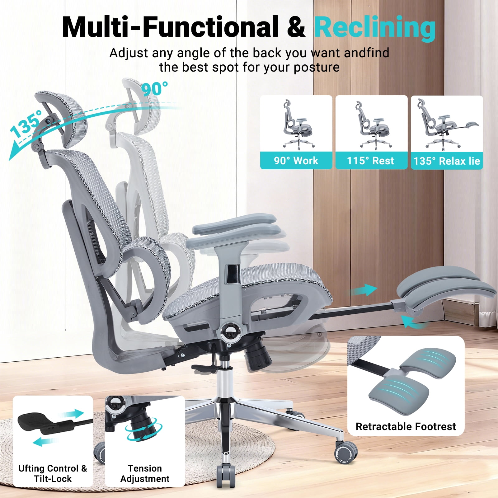 400lbs Ergonomic Office chair with Footrest, High-Back Mesh Desk chair with Adjustable Lumbar Support & Headrest & Armrest, Comfy Computer Gaming chair with Heavy Duty Base for Work, Home & Gaming