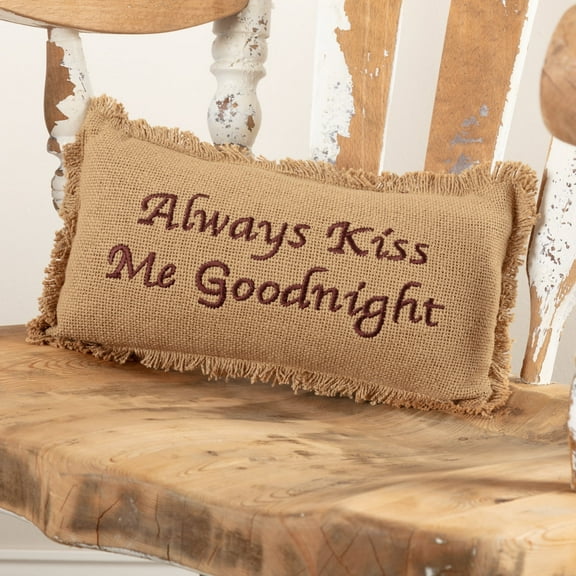 VHC Brands Farmhouse Natural Tan Text Cotton Burlap Bedding Always Kiss Me Goodnight Embroidered Cotton Burlap Rectangle Pillow