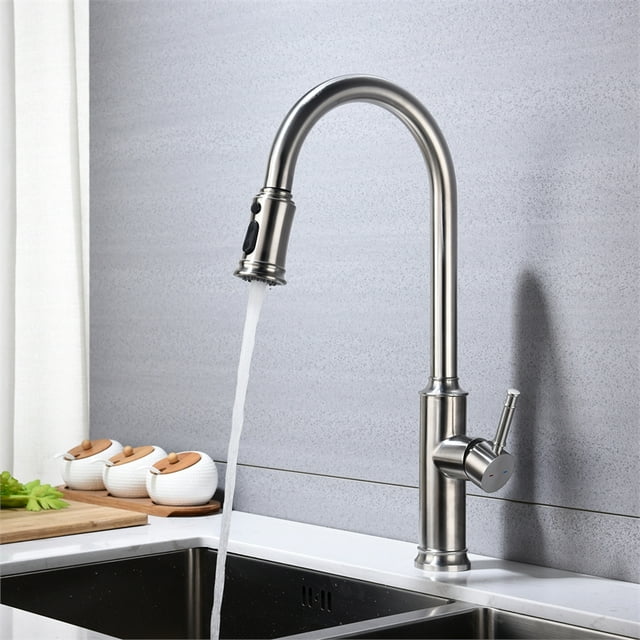 CRO Decor Pull Down Kitchen Faucet with Dual Function Sprayhead in Nickel
