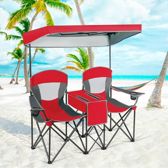 Gymax Folding 2-person Camping Chairs Double Sunshade Chairs w/ Canopy Red