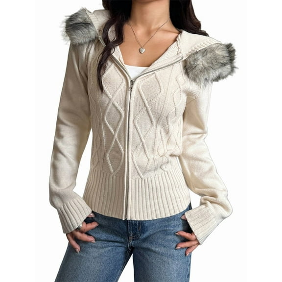 Women'S Zip Up Cardigan Sweater Cable Faux Fur Hoodies Long Sleeve Jacket Knit Outfits Y2K  S
