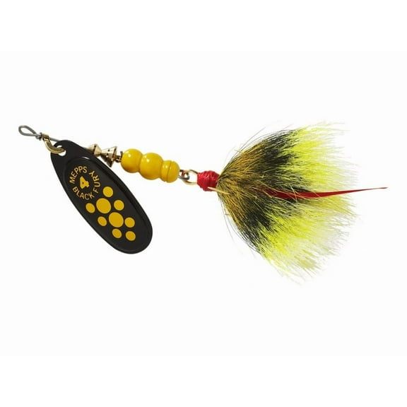 Mepps Black Fury Dressed Treble Inline Spinner, 1/3-ounce, Yellow Dot/Black Yellow Tail Multi-Colored