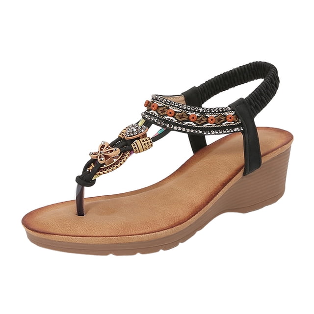 DAFEI Summer Ladies Bohemian Korean Thick Bottom Rhinestone Sandals Female Fashion Slope Heel Sandals