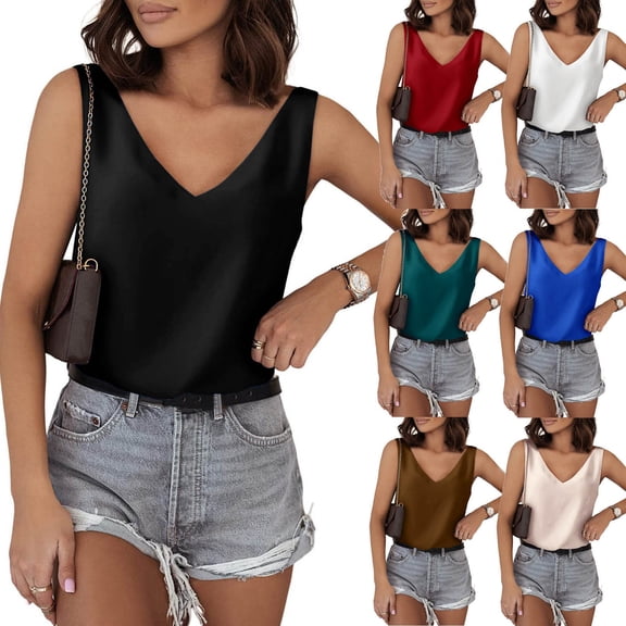 Satin V Neck Tank Top, Baberdicy Oversized T Shirts for Women Long Sleeve Tunic Tops to Wear with Leggings Fall Sweaters Dressy Casual Blouses Summer Sleeveless Casual Top, Beige L
