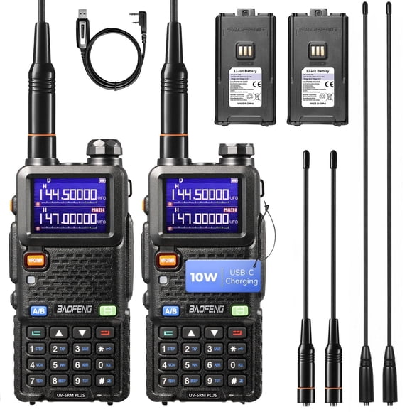 BAOFENG UV-5RM Plus 10W Dual Band Ham Radio Handheld, NOAA FM Airband Receiver, Long Range Two Way Radio with 8" & 15" ANT, Programming Cable, 2500mA