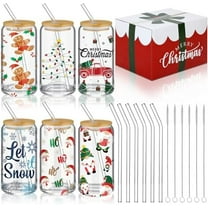 6 Pcs Christmas Gift Glasses Cups 16oz Christmas Can Shaped Cups with Bamboo Lids Santa Gingerbread Holiday Drinking Glasses for Iced Coffee Hot Cocoa Bar Cocktails, Xmas Party Gifts for Holiday