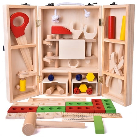 Wooden Tool Set Construction Toys in Durable Case for Kids Pretend Playset, Educational Learning Toy 43 PCs