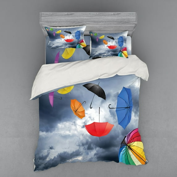 Ambesonne Colorful Bedding Set 4 Pcs, Flying Umbrellas Clouds, Queen, Multicolor