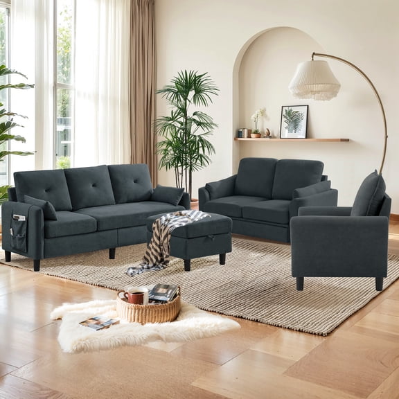 Soscana 4 Piece Sofa Set,Convertible Sectional Sofa Couch with Storage Ottoman and Storage Pockets, L Shaped 3 Seater Reversible Ottoman Loveseat Accent Chair,Living Room Furniture Set for Apartment