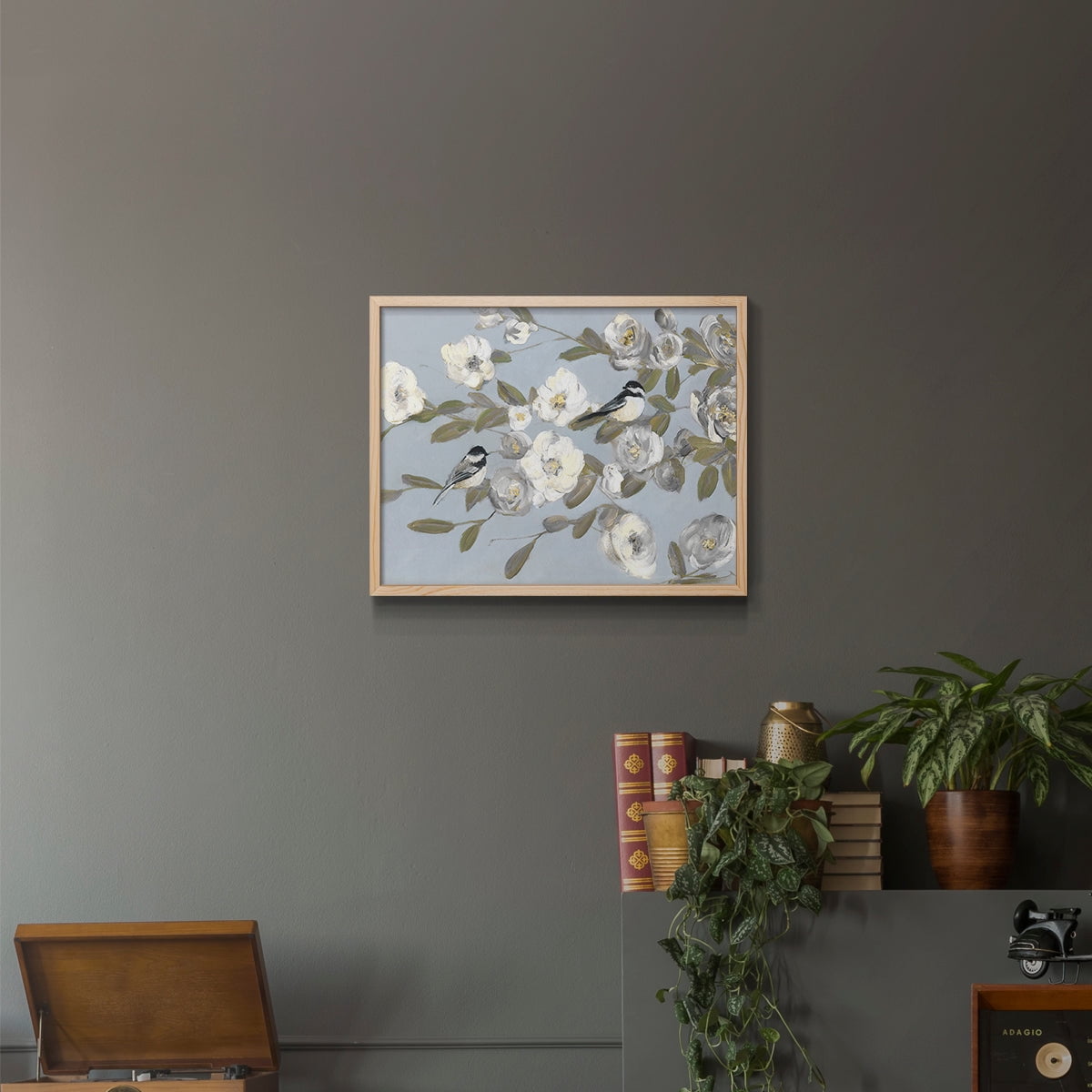 Chickadees and Blossoms I by Sally Swatland - Restickable Framed Giclée Print