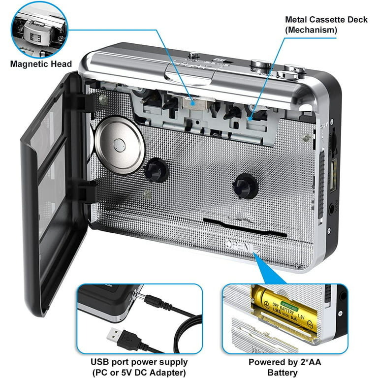 Portable Cassette Player, Converter Recorder Convert Tapes to Digital MP3 Save USB Flash Drive/ No PC Required Black - Walmart.com