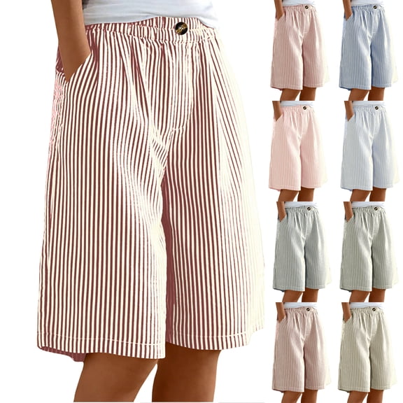 Women's High Waisted Striped Bermuda Shorts, Button Front Elastic Waist Wide Leg Culottes with Pockets, Summer Casual Beach Vacation Resort Outdoor Daily Wear Fashion Capri Pants Black L