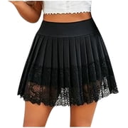 Women's Lace Trim Mini Skirt Low Rise Pleated Half Slip Skirt Layered Flowy Skirts Underskirt