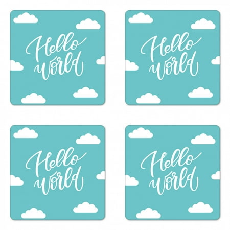 

Hello World Coaster Set of 4 Calligraphy Doodle Clouds Illustration Baby Shower Newborn Childish Square Hardboard Gloss Coasters Standard Size Pale Blue and White by Ambesonne
