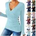 thumbnail image 1 of QATAINLAV Long Sleeve Shirts for Women Ribbed Knit Sweaters Solid Color Slim Fit Wrap V Neck Tops, Blue, S, 1 of 10