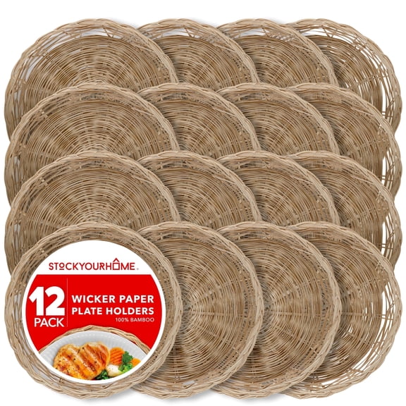 Stock Your Home 10-Inch Natural Bamboo Wicker Paper Plate Holders, Set of 12, Reusable, Heavy Duty