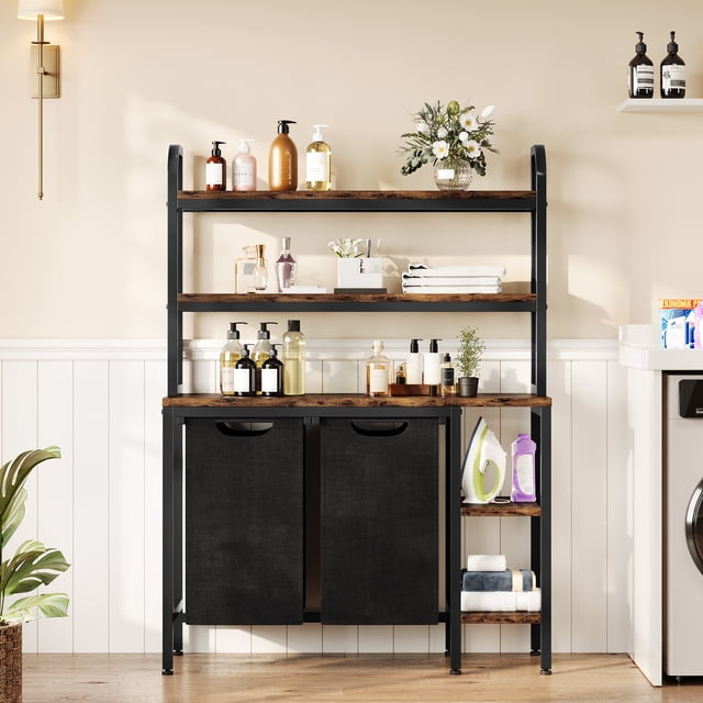 Laundry Basket Laundry cm de Alturaamper 2 Section con Side Shelves 3 Tiers Laundry Sorter con 2 Pull-Out y Removable Laundry Bags Negro & Rústico Marrón