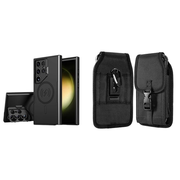 Bolt Alloy Series Case for Samsung Galaxy S24 Ultra with Glass Screen Protector, Belt Clip Holster Carrying Pouch - Stealth Black