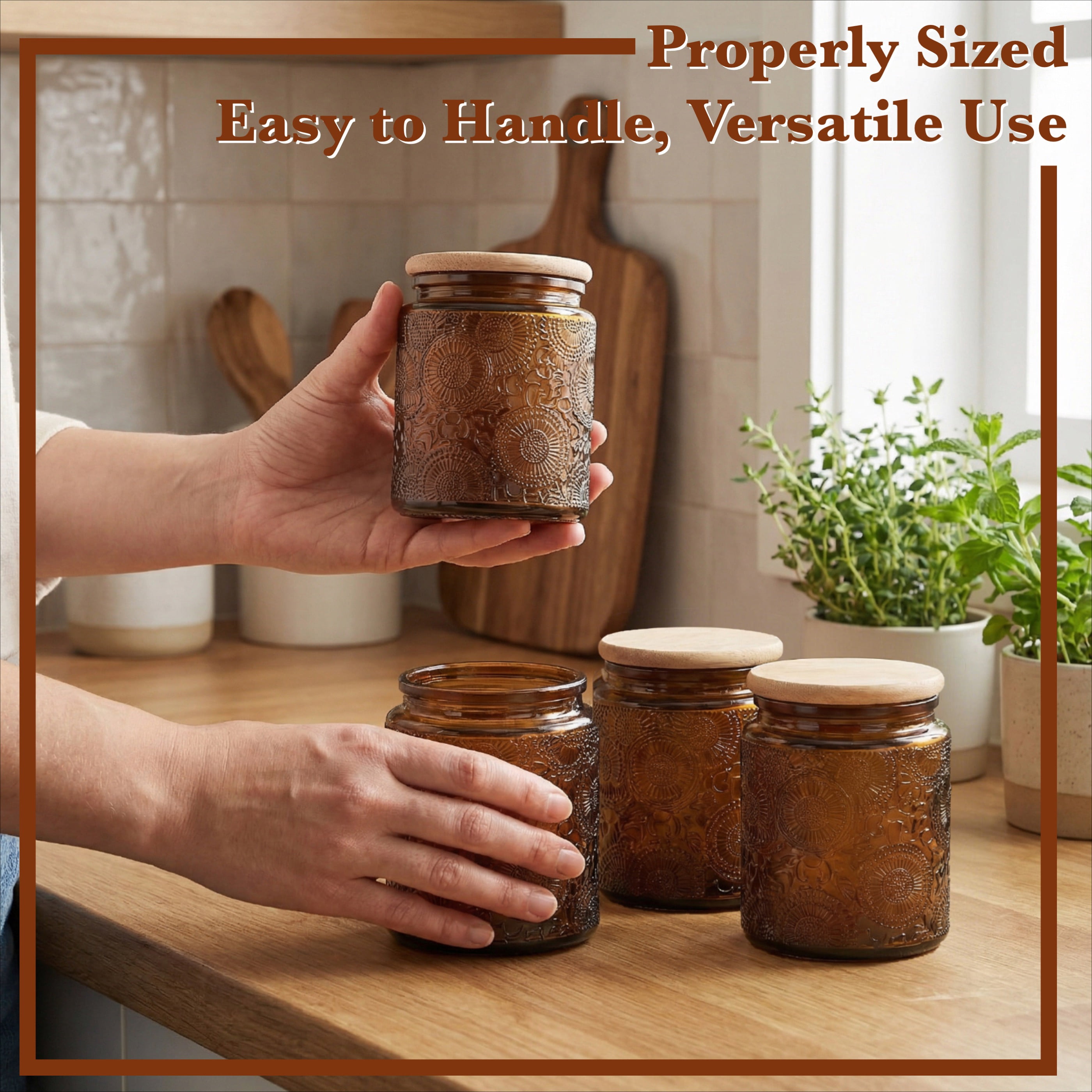LINGSHINE 8oz Dark Amber Glass Jars with Reusable Bamboo Lids, 6 pack Embossed, Home Décor Food Storage Candle Parties Wedding Baby Shower Favors Gift