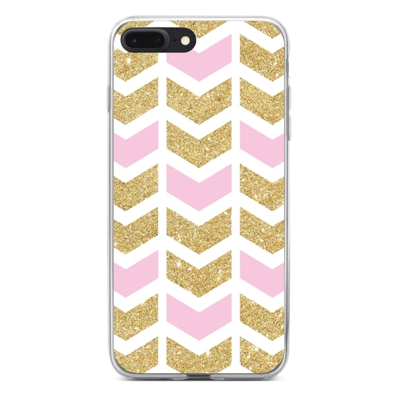 DistinctInk Clear Shockproof Hybrid Case for iPhone 7 PLUS / 8 PLUS (5.5" Screen) - TPU Bumper, Acrylic Back, Tempered Glass Screen Protector - Pink & Gold Print - Random Chevron Pattern
