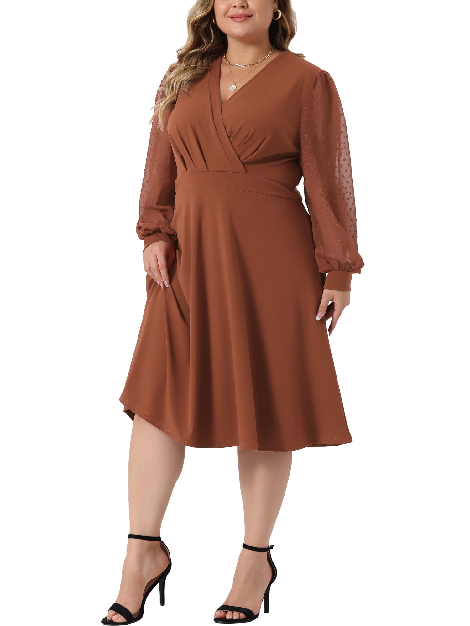 DARING DIVA Plus Size Swiss Dots Wrap V Neck Knee Length Dress 2X Caramel