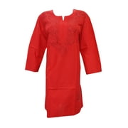 Mogul Womens Indian Tunic Red Caftan Hand Embroidered Kurta Dress