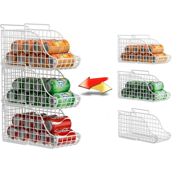 Stackable Pantry Can Dispenser Baskets 3-Pack, Standing Beverage Drink Pop Soda Can Storage Organizer Bin with Handles, Foldable Canned Food Holder for Kitchen Countertop Cabinet White