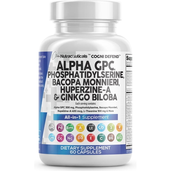 Brain Supplement Alpha GPC 300mg Phosphatidylserine Bacopa Monnieri Ginkgo Biloba Lions Mane Huperzine A L-Theanine NAC Nootropic Memory Focus Cognitive Support Vitamins B C D E 60 Capsules USA