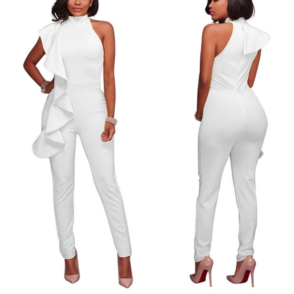 Women Solid Color Ruffled Jumpsuit Jumper Sleeveless Rompers Summer Beach  Holiday(White,M) - Walmart.com