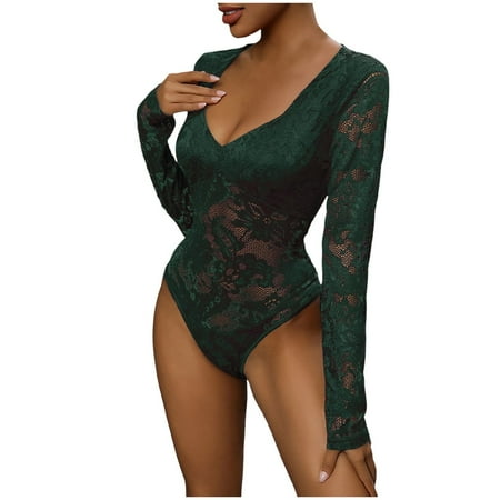 ZHAGHMIN Jumpsuits for Women Workout Long Sleeve Shapewear Bodysuit Lace Corset V Neck Tummy Control Backless Tank Tops Body Suit Thongs Green SizeL