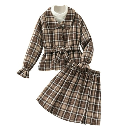 

Kids Toddler Child Girls Long Ruffled Sleeve Casual Suit Jacket Coat Tops Plaid Skirt Winter Spring Set 2PCS Outfits Baby Outwear
