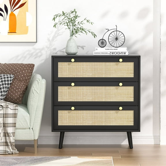 Eumyviv Black 3-Drawer Chest of Drawers with Pine Wood Legs Farmhouse Rattan Dresser Storage Cabinet H0075