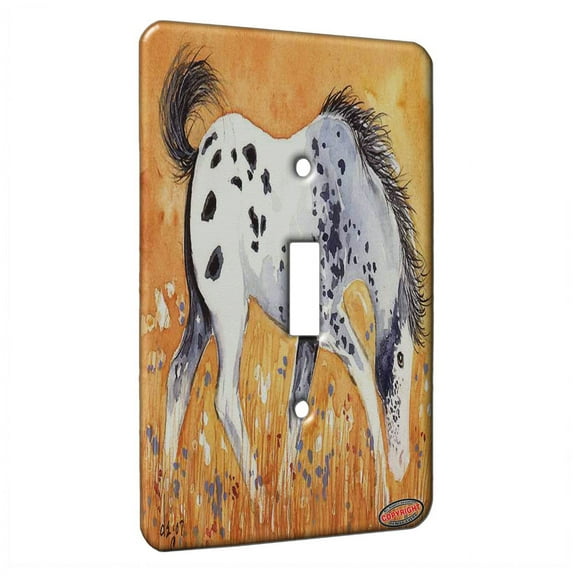 KuzmarK™ Single Gang Toggle Switch Wall Plate - Blue Roan Appaloosa Colt with Wildflowers Horse Art by Denise Every
