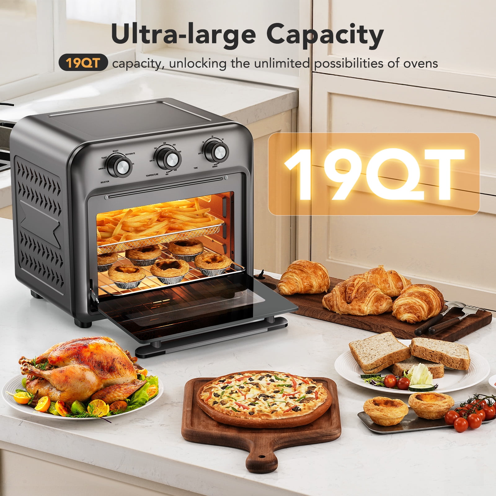 19QT Air Fryer Toaster Oven with Convection, 5-in-1 Countertop Cooker, Visible Window, Oil Free, 1500W, Black