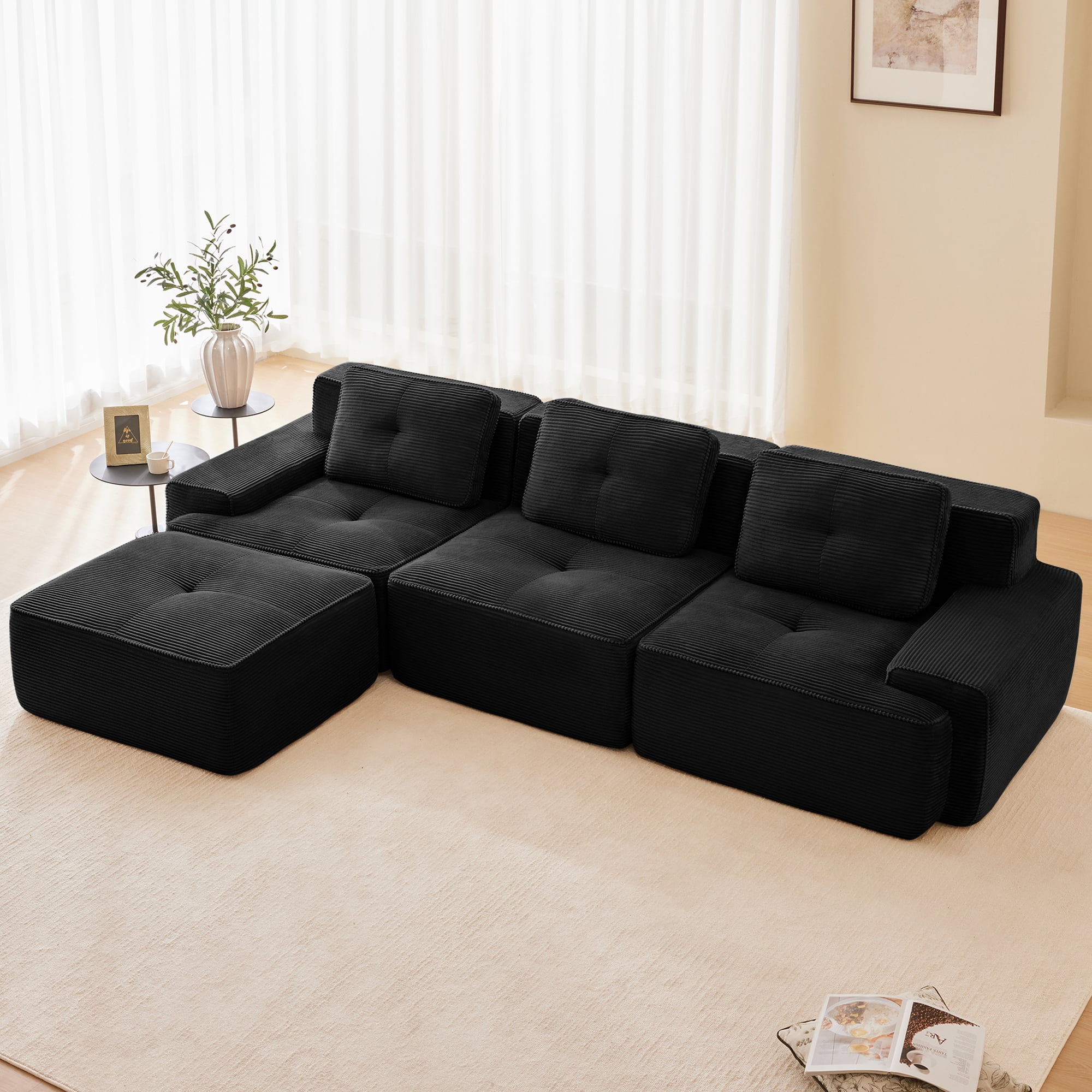 Aukfa 4-Piece Cloud Couch Sectional Sofa with Ottoman, 117" L-Shaped Deep Seat Boneless Couch, Upholstered Living Room Furniture Set, Black