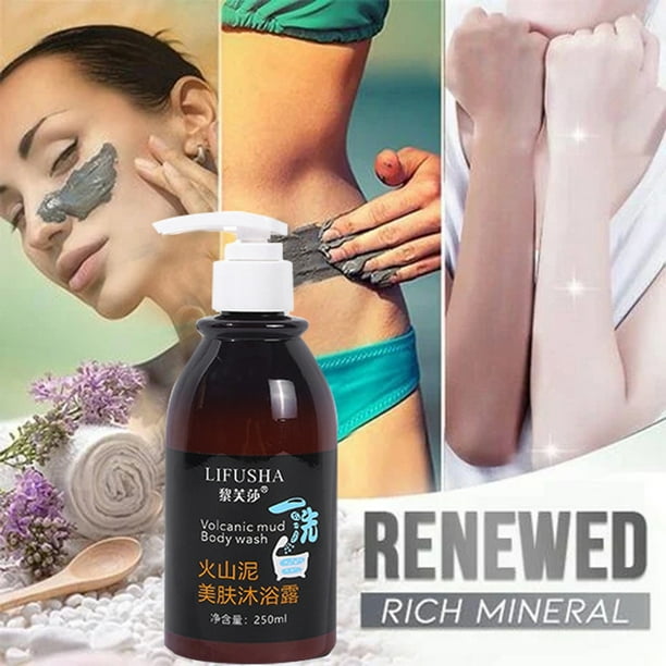 Gel de ducha corporal de barro volcánico | Exfoliante profundo para todo el cuerpo | Fórmula blanqueadora y aclarante | Elimina suciedad y queratina | Para todo tipo de piel | 250 ml