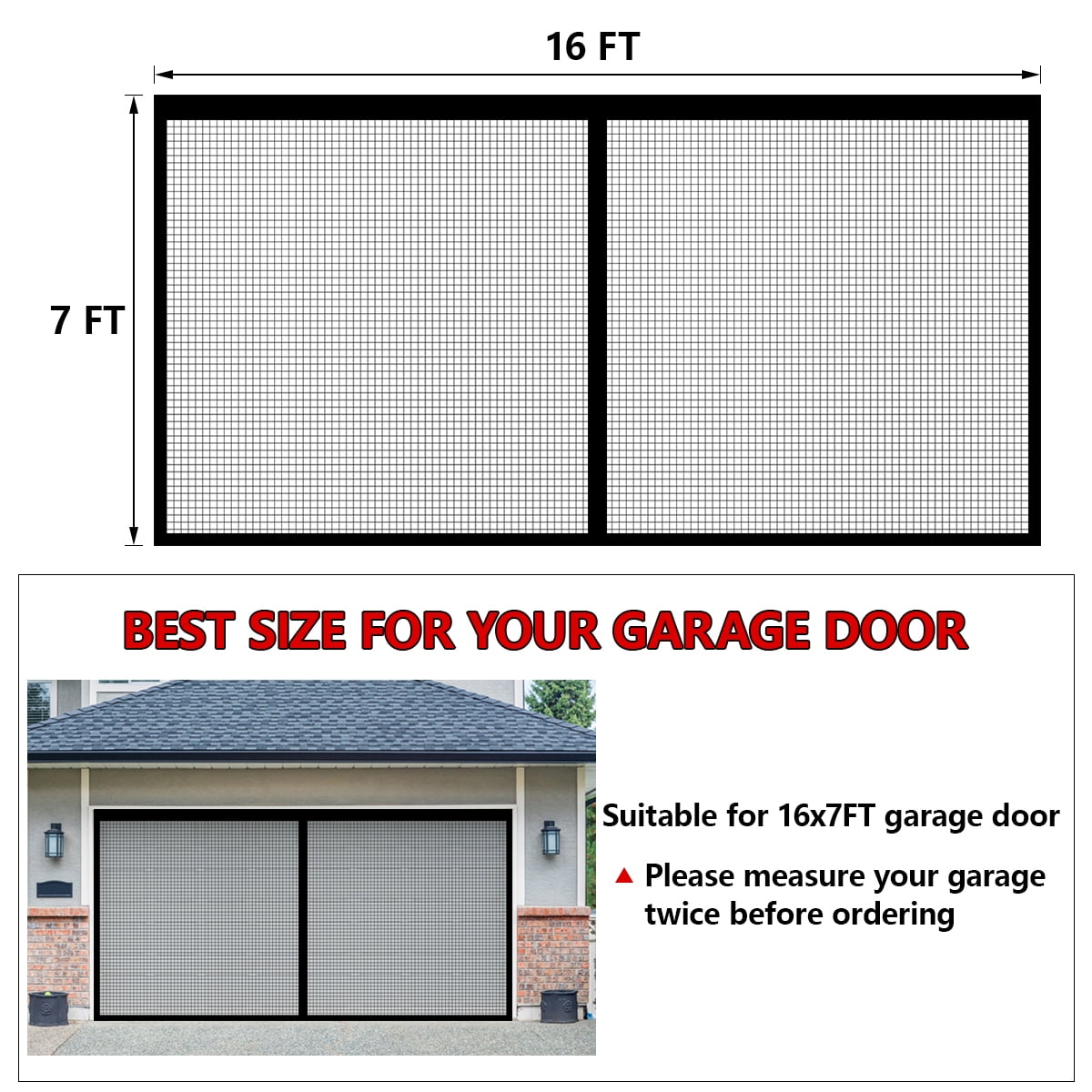 Butizone Garage Door Screen for 1 Car Garage Doors, 16x7FT Reinforced Fiberglass Magnetic Single Garage Screen Door with High Energy Magnets