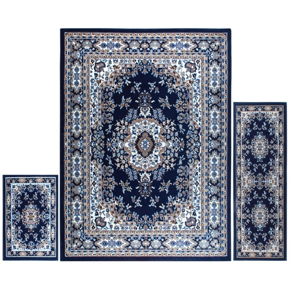 Home Dynamix Ariana Ksara Traditional Medallion Border Area Rug, Navy Blue/Brown, 3-Piece Set