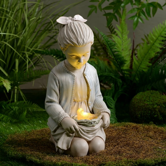 Hi-Line Gifts LED Solar Powered Sitting Girl with Bird Nest Outdoor Garden Statue - 16"