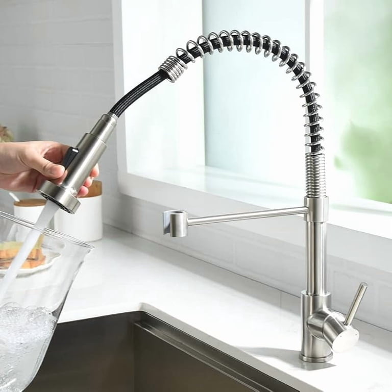 OWOFAN Black Pull Down Kitchen Faucet – Stainless Steel Single Handle Spring Design, Dual Spray Modes, 1 Or 3 Hole Install