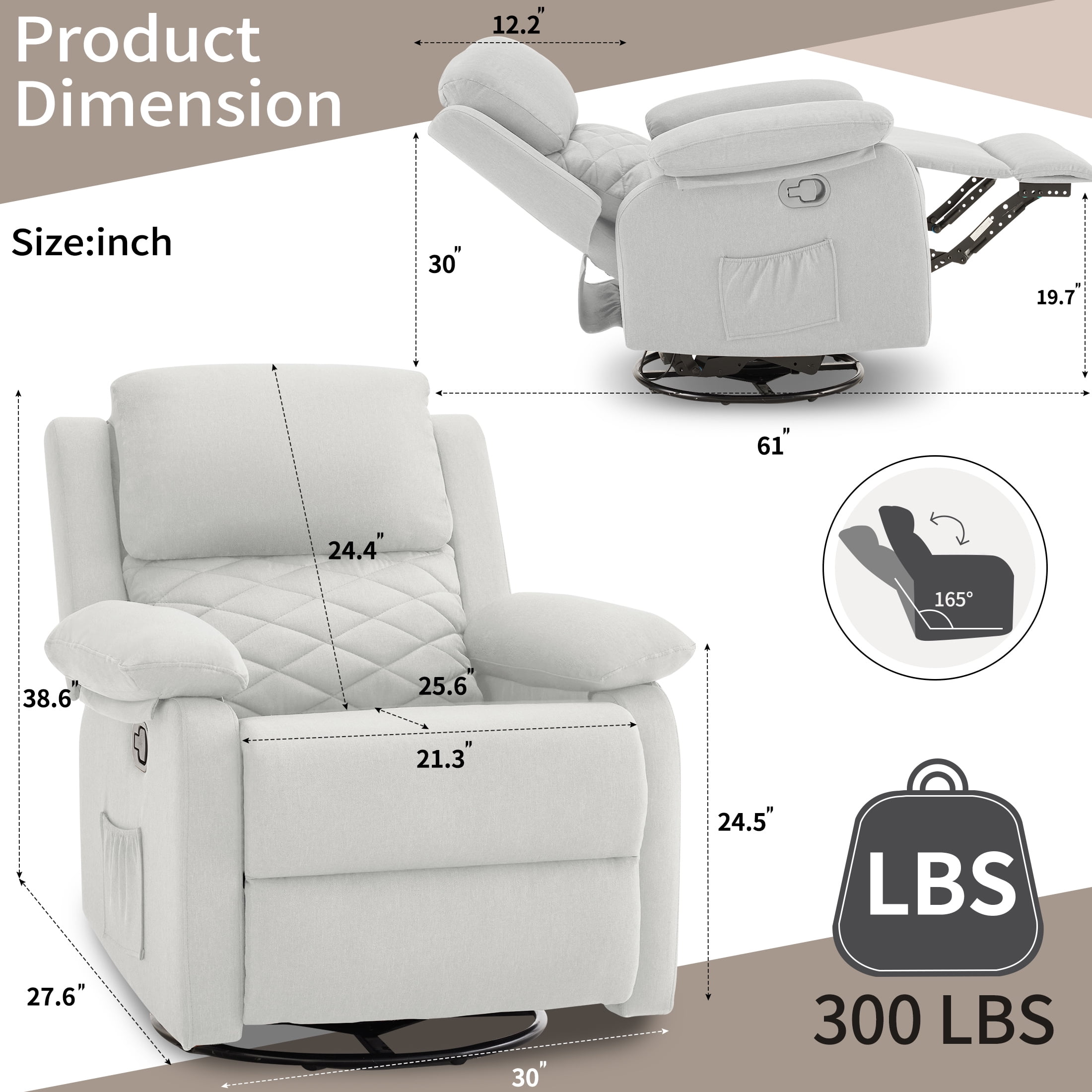 Gelloan 360° Swivel Recliner Chair, Small Rocker Chair for Small Spaces, Upholstered Fabric Glider Recliner Nursery Chair with Side Pockets,White