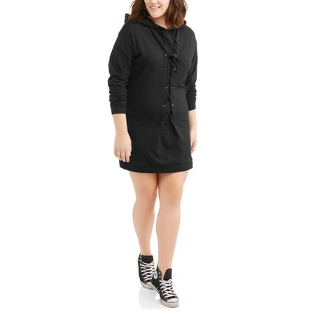 Juniors' Plus Long Sleeve Corset Lace Up Sweatshirt Dress