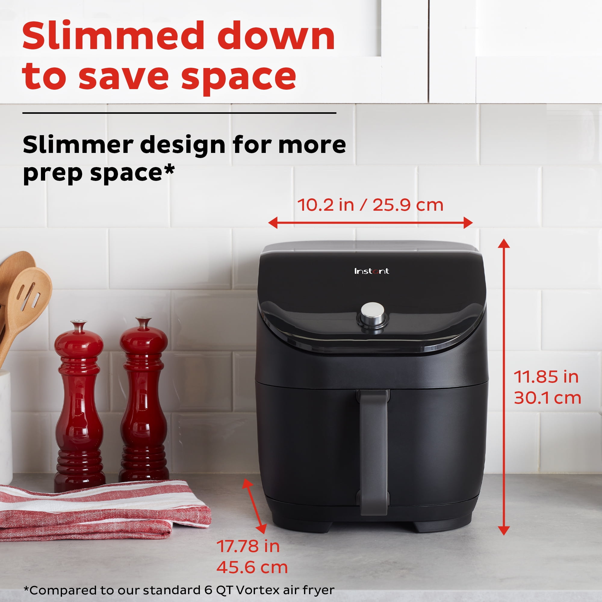 Instant Pot 6Qt Vortex Slim XL 5-in-1 Compact Air Fryer, Air Fry, Crisp, Roast, Reheat, Bake, Broil, Nonstick, Dishwasher-Safe Basket, Space Saving, Black