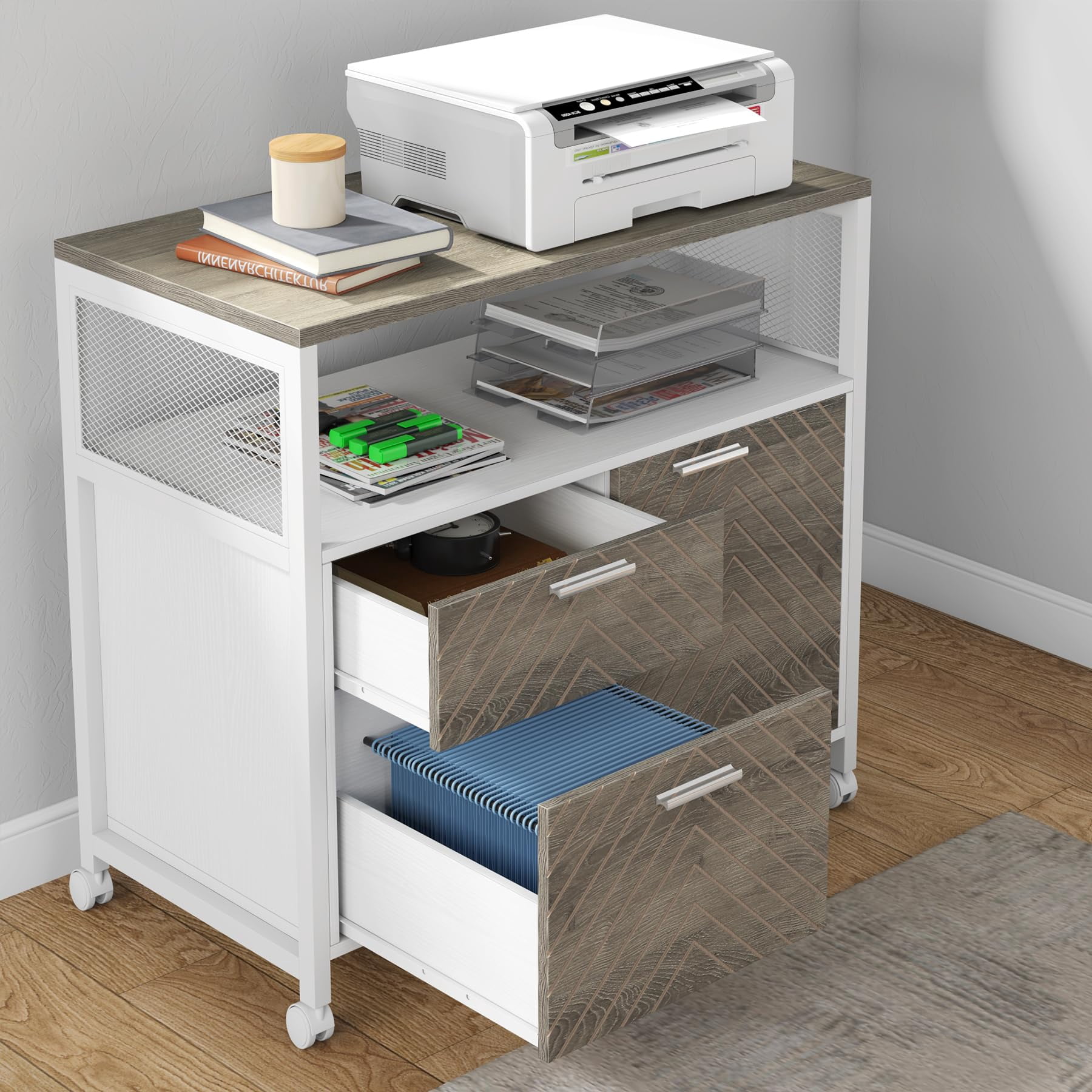 Fnova Modern File Cabinet with Drawers for Letter-Sized File and Door, lateral Filing Cabinet Printer Stand with Storage Shelves and with Rolling Caster for Home Office, Oka