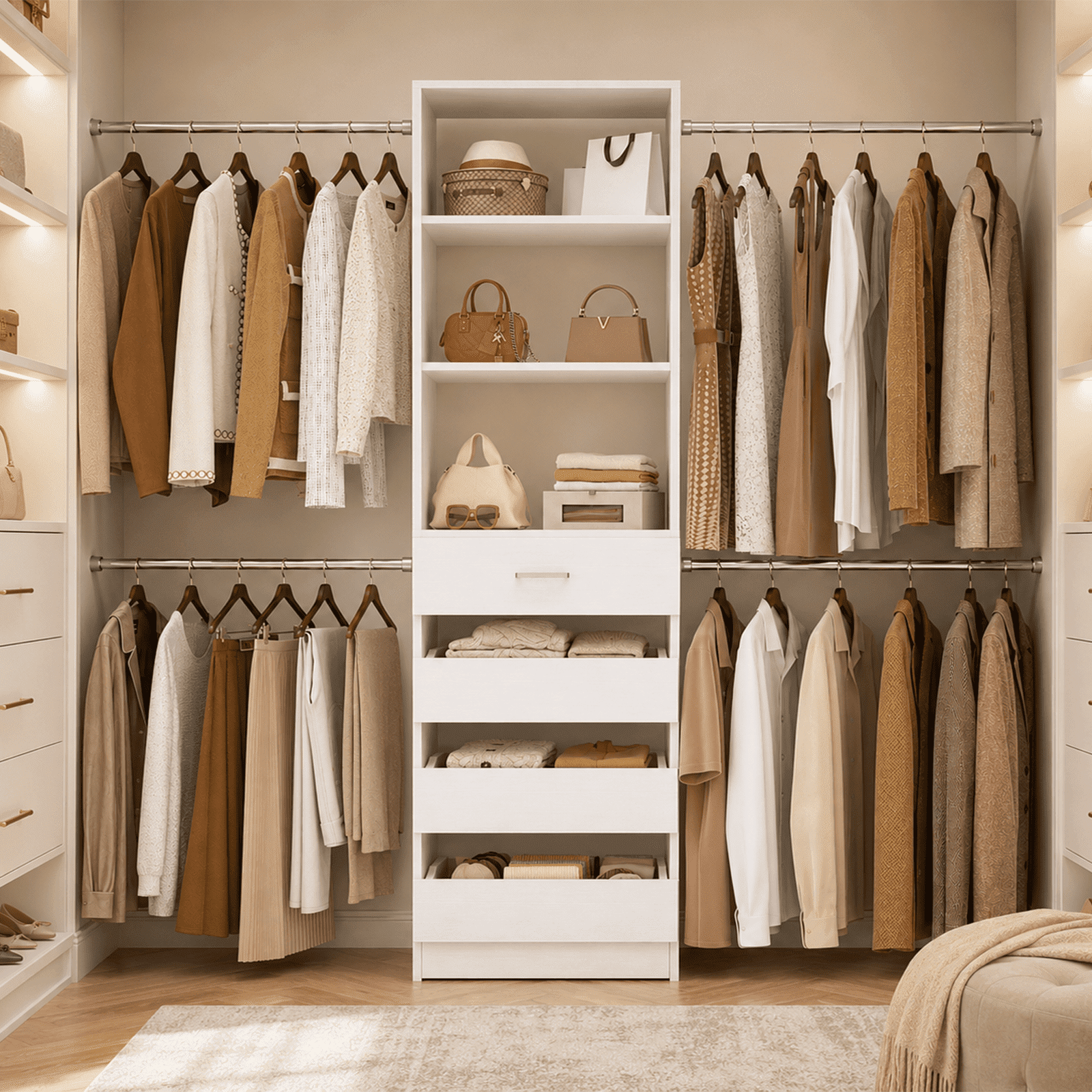 Homieasy 4-9 Ft Adjustable Wooden Closet Organizer System with 4 Drawers, 4 Hanging Rods & Shelving Towers - Heavy Duty Walk-in Wardrobe Rack, Space-Saving Design, Easy Assembly,White