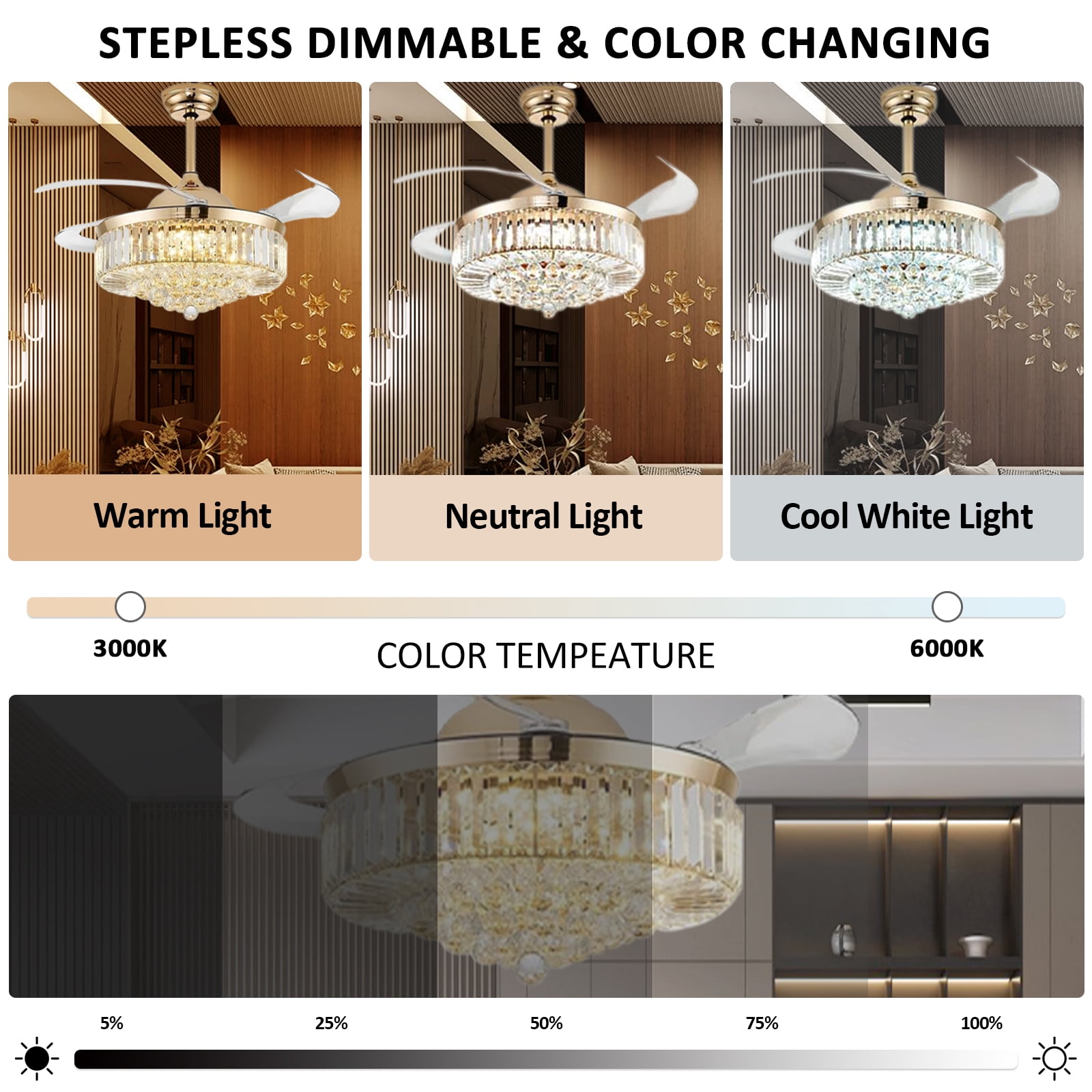 Jacgood 42" Retractable Crystal Ceiling Fan with Light and Remote Control, 6-Speed Quiet DC Motor, Dimmable LED Fandelier for Bedroom and Living Room, Gold Finish